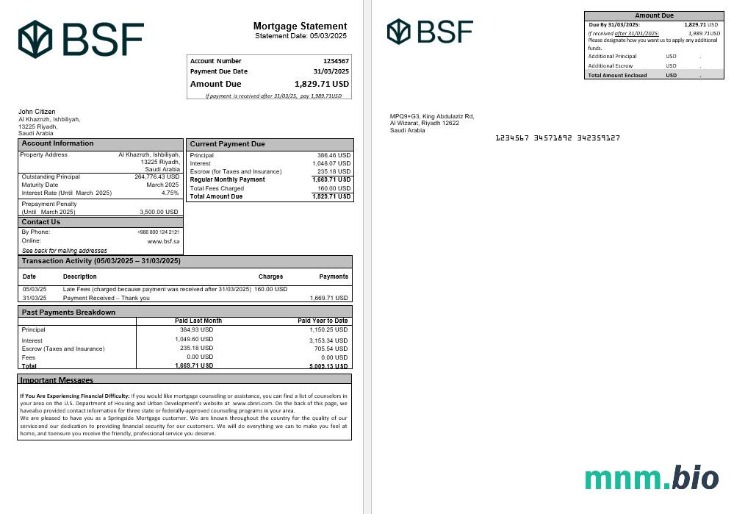 Arabia Saudyjska Banque Saudi Fransi wyciąg z kredytu hipotecznego w formatach Word i PDF